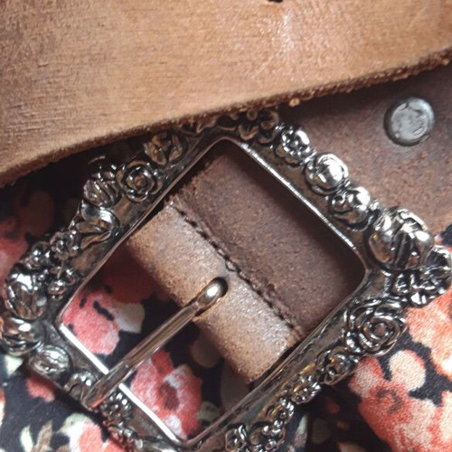Vintage German leather belt 90s with embossed buckle, 100% genuine leather