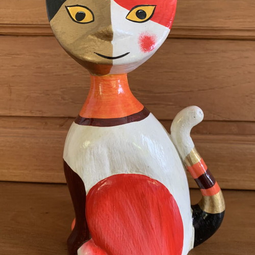 Decorative wooden cat figurine, new, 20 cm tall, hand-painted with gold leaf details