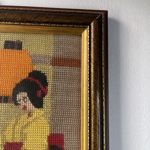 Vintage embroidery canvas with geishas framed