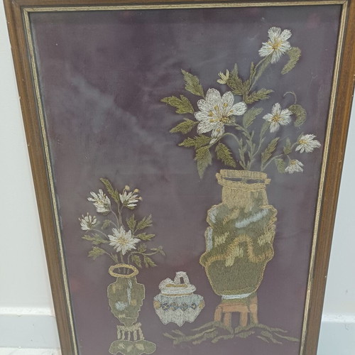 Embroidered painting with flowers used, size 32.5cm x 49cm