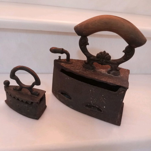 Old charcoal irons used, set of two, cast iron