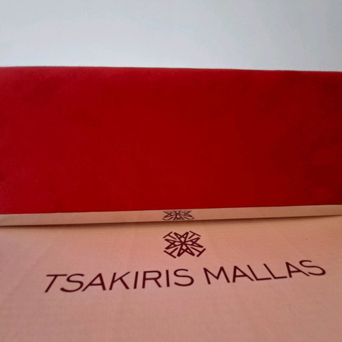 Tsakiris Mallas red sandals used with clutch bag