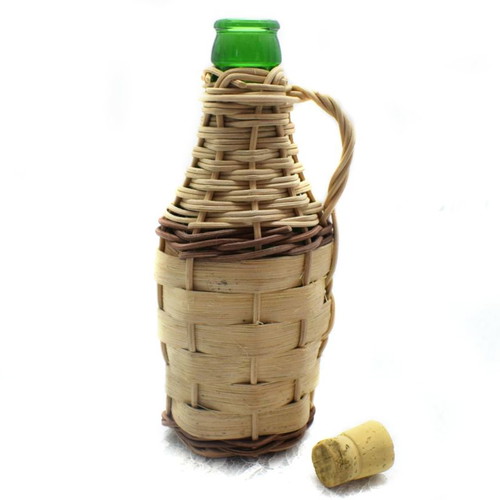 Small damigiana with wickerwork new, 20cm height, green glass