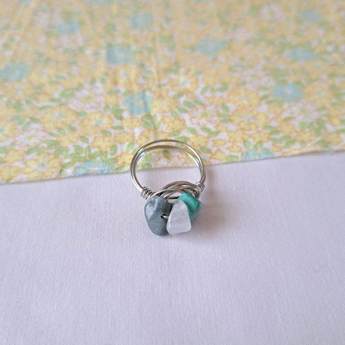 Wire ring with real stones made to order, gray and turquoise