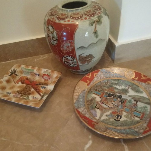 Satsuma 3 decorative items like new, vase, plate, ashtray
