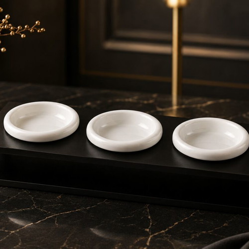 Serving set for sauces with 3 ceramic bowls on black base, new