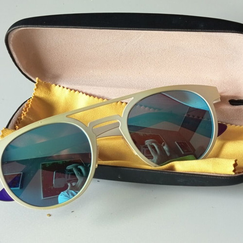 Sunglasses metal frame white-beige with blue mirror lenses new