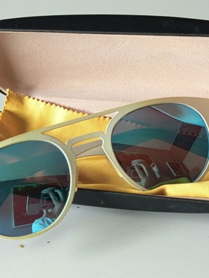 Sunglasses metal frame white-beige with blue mirror lenses new