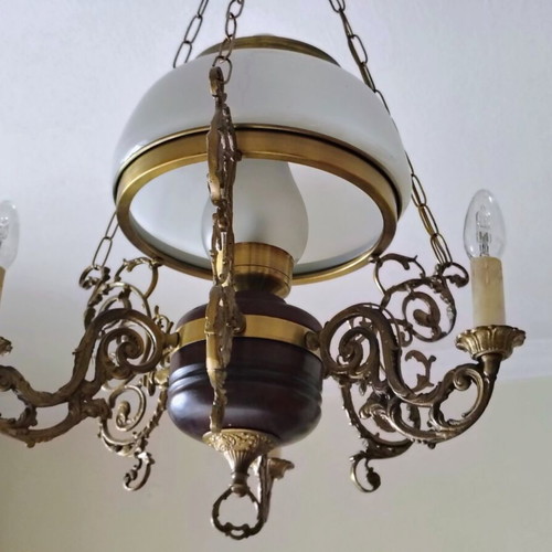 Vintage Brass Chandelier Neoclassical | Large Opaline & Candles | Rare