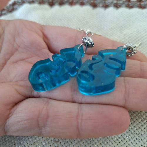 Blue liquid glass earrings with female face made to order