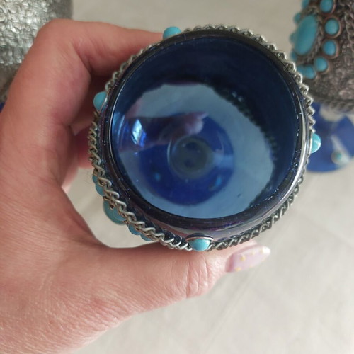 Indian glass jug set with 6 glasses decorated with alpaca and turquoise stones