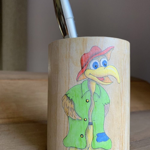Wooden pencil holder with handmade vintage cartoon bird painting like new