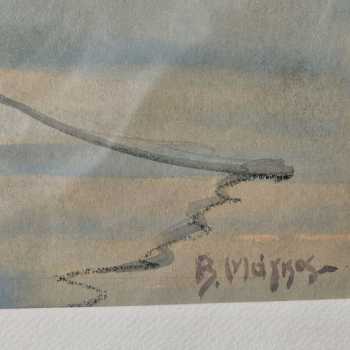 Watercolor V. Magkos "Harbor with Fishermen" like new, signed artwork