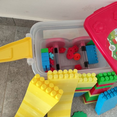 Building blocks and various tools in sliding trolley like new