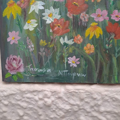 Oil painting canvas 30x65 cm used, lawn with flowers