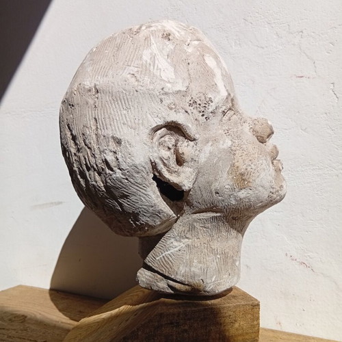 Plaster Head Sculpture on Wooden Base 23 cm, used