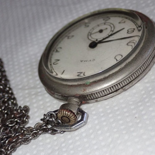 Cyma Swiss Pocket Watch 1930s used with chain and 6 stones
