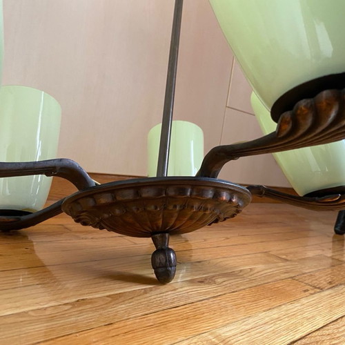 Chandelier used with pistachio opal glass and bronze 5-light