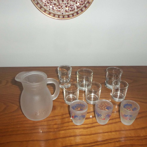 Small Ouzo Pitcher 0.25 L and Set of 9 Shot Glasses used