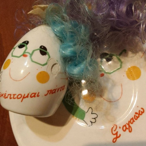 Ceramic decorative set 'S' agapo' 1980s plate and egg with hair