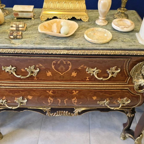 Louis XV Bombé Commode with Marquetry, Marble & Bronze Busts like new