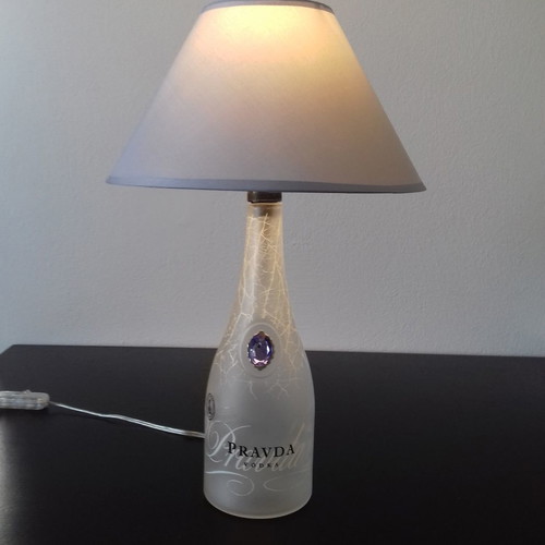 Handmade table lamp from Pravda Vodka bottle new with ciel shade