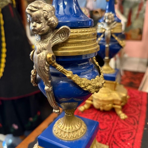 Candlesticks pair bronze and porcelain like new, height 0.60