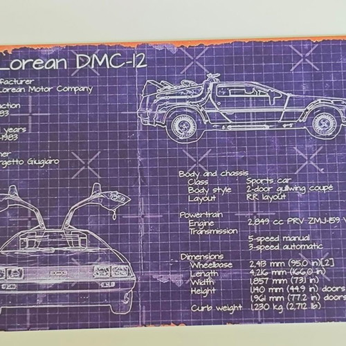 DeLorean DMC-12 blueprint metal sign like new