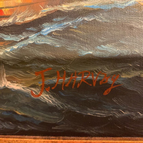 J.Harvey painting like new naval battle theme in wooden frame