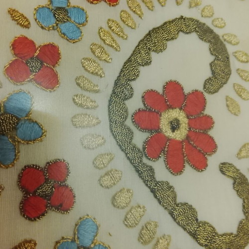 Vintage wooden serving tray with handmade embroidery, used