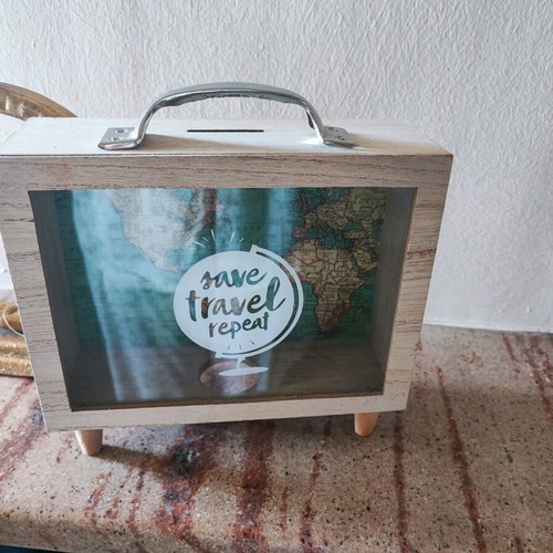 Wooden piggy bank new for travel savings