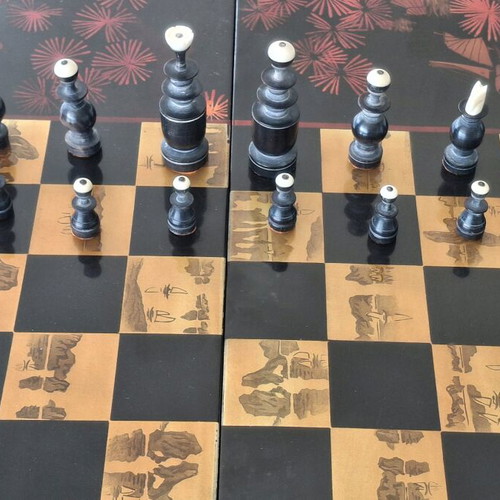 Vintage handmade chess and backgammon set 1960s mahogany and olive used