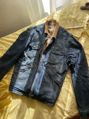 Vintage denim jacket with corduroy collar used, blue, size L