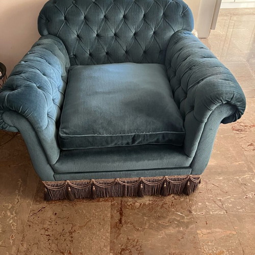 Vintage Spanish Chesterfield sofa set 3+2+armchair used, velvet petrol