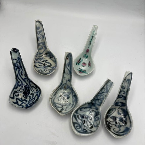 Antique Chinese Porcelain Soup Spoons used, set of 6, blue and white