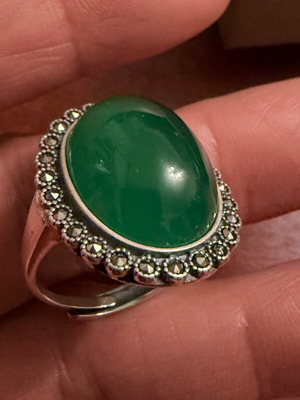 Δαχτυλίδι Vintage από Ασήμι 925 με Μεγάλο Πράσινο Χαλκηδόνιο και Μαρκασίτη, Ρυθμιζόμενο, Καινούργιο