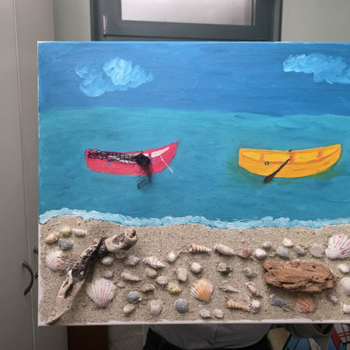 Handmade painting with pebbles sand and shells like new