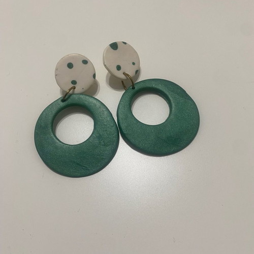 Handmade clay earrings used, green and white