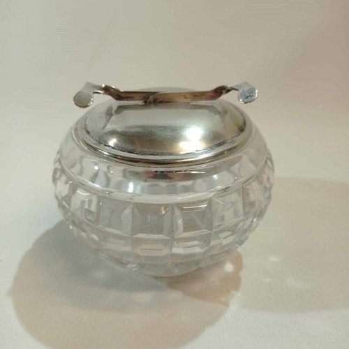 Antique English handmade sugar bowl from 1920s with silver-plated lid and tongs