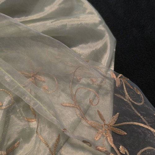 Voile curtain used, sage with gold embroidery and pleated tape