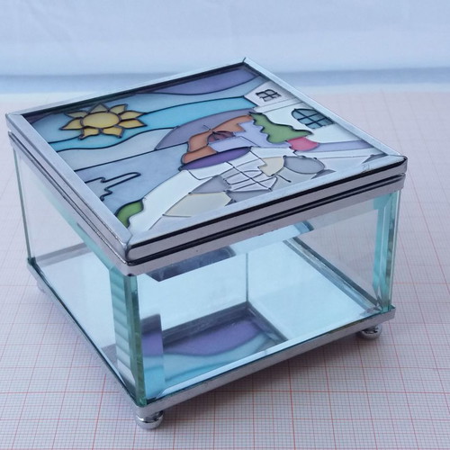 Jewelry box with painted lid, metal and glass