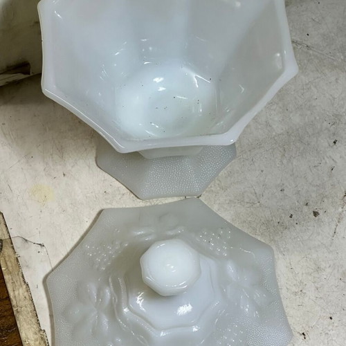 Vintage Milk Glass Candy Dish with Lid embossed grapes 20 cm used