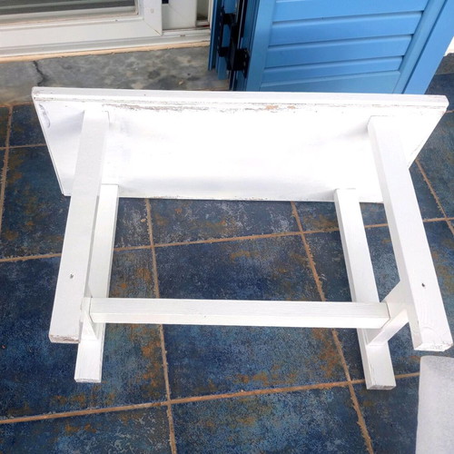 Handmade white solid wood bench-stool refurbished from France