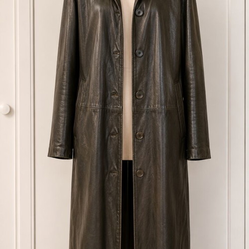 Black long leather trench coat, women's medium