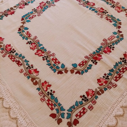 Handmade old embroidery painted and hand-stitched with lace