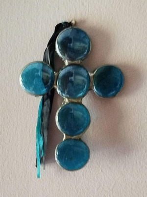 Decorative glass cross used, blue iridescent, wall decor