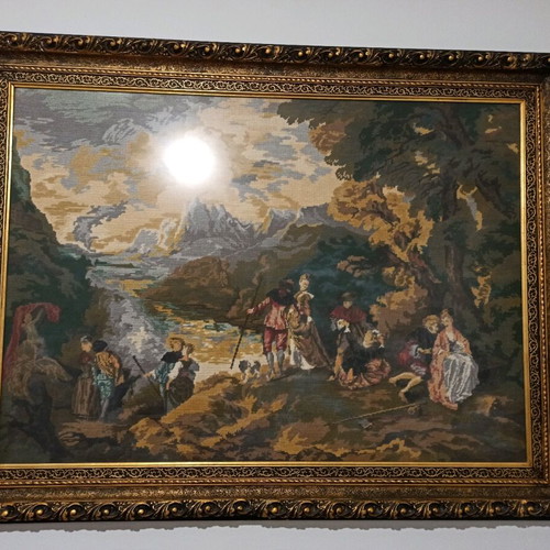 Embroidered painting used inspired by Antoine Watteau's "The Voyage to Cythera"