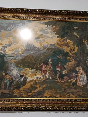 Embroidered painting used inspired by Antoine Watteau's "The Voyage to Cythera"