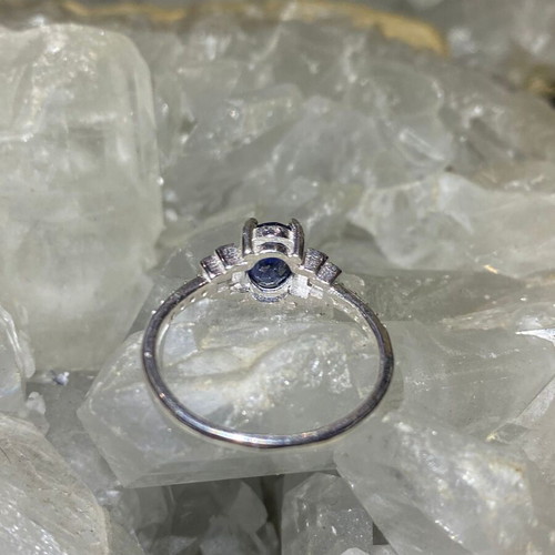 Handmade silver ring with natural blue sapphire and moissanites, size 17mm
