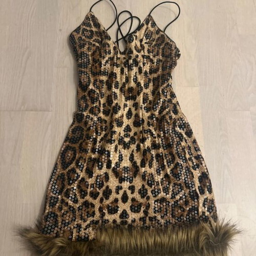 Women's leopard print dress with sequins and fur trim, size S/36/8